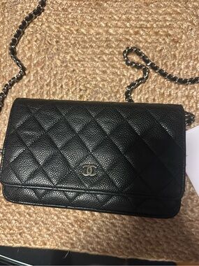 CHANEL Classic Wallet on Chain WOC Black Caviar Silver Hardware Full Set